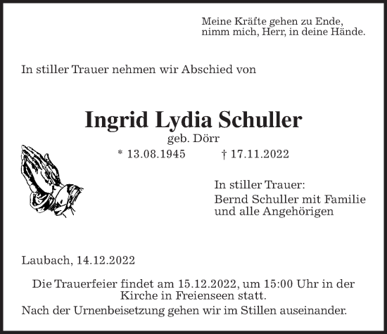 Traueranzeige von Ingrid Lydia Schuller von Laubacher Anzeiger