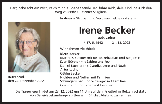 Traueranzeige von Irene Becker von Kreis-Anzeiger