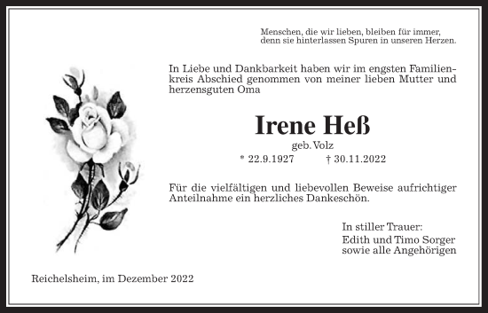 Traueranzeige von Irene Heß von Wetterauer Zeitung