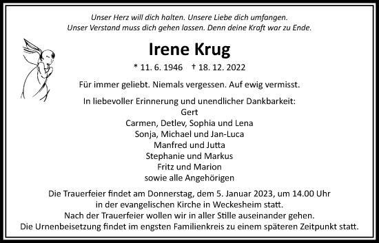 Traueranzeige von Irene Krug von Wetterauer Zeitung