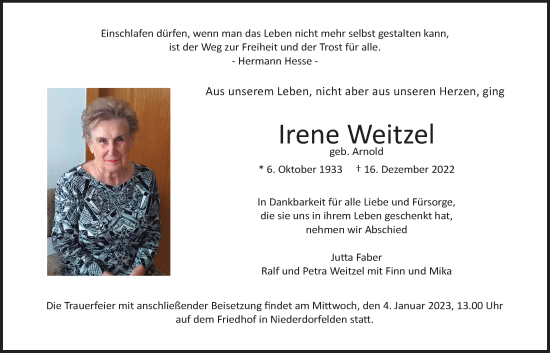 Traueranzeige von Irene Weitzel von Bad Vilbel/Karben