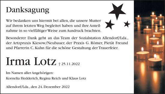Traueranzeige von Irma Lotz von Giessener Allgemeine, Alsfelder Allgemeine, Giessener Anzeiger