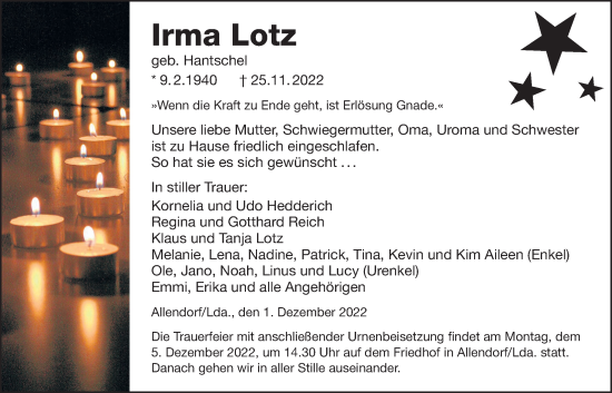 Traueranzeige von Irma Lotz von Giessener Anzeiger, Giessener Allgemeine, Alsfelder Allgemeine