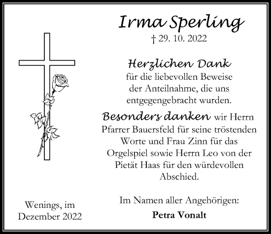 Traueranzeige von Irma Sperling von Kreis-Anzeiger