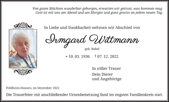 Traueranzeige von Irmgard Wittmann von Giessener Allgemeine, Alsfelder Allgemeine, Pohlheimer Nachrichten