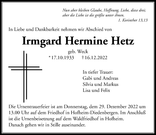 Traueranzeige von Irmgard Hermine Hetz 