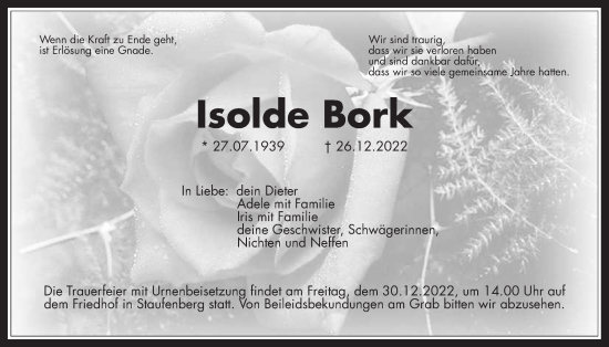 Traueranzeige von Isolde Bork von Giessener Allgemeine, Alsfelder Allgemeine, Giessener Anzeiger