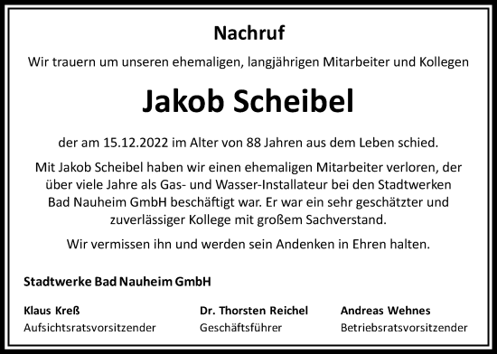 Traueranzeige von Jakob Scheibel von Wetterauer Zeitung