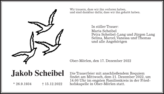 Traueranzeige von Jakob Scheibel von Wetterauer Zeitung