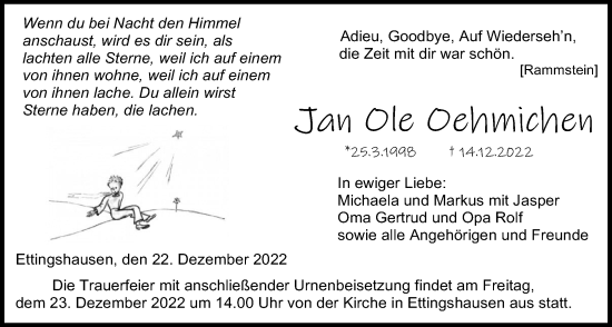 Traueranzeige von Jan Ole Oehmichen von Giessener Allgemeine, Alsfelder Allgemeine, Giessener Anzeiger