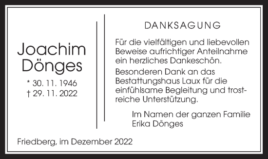 Traueranzeige von Joachim Dönges von Wetterauer Zeitung