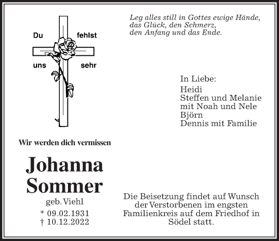 Traueranzeige von Johanna Sommer von Wetterauer Zeitung