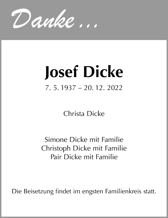 Traueranzeige von Josef Dicke von Giessener Allgemeine, Alsfelder Allgemeine, Giessener Anzeiger