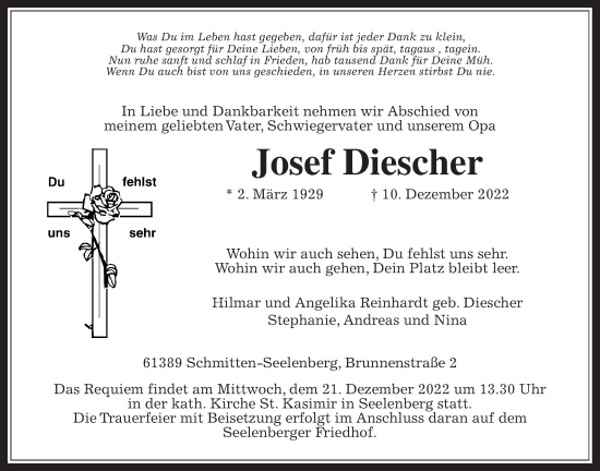 Traueranzeige von Josef Diescher von Usinger Anzeiger