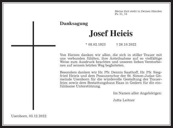 Traueranzeige von Josef Heieis von Wetterauer Zeitung