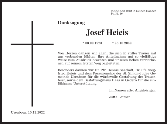 Traueranzeige von Josef Heieis von Kreis-Anzeiger