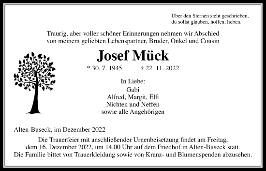 Traueranzeige von Josef Mück von Giessener Anzeiger