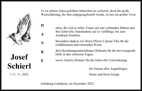 Traueranzeige von Josef Schierl von Giessener Allgemeine, Alsfelder Allgemeine