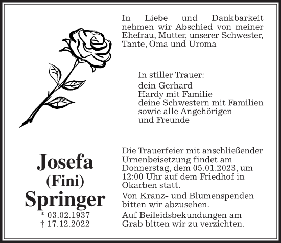 Traueranzeige von Josefa Springer von Bad Vilbel/Karben, Wetterauer Zeitung