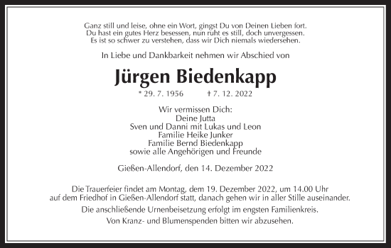 Traueranzeige von Jürgen Biedenkapp von Giessener Allgemeine, Alsfelder Allgemeine