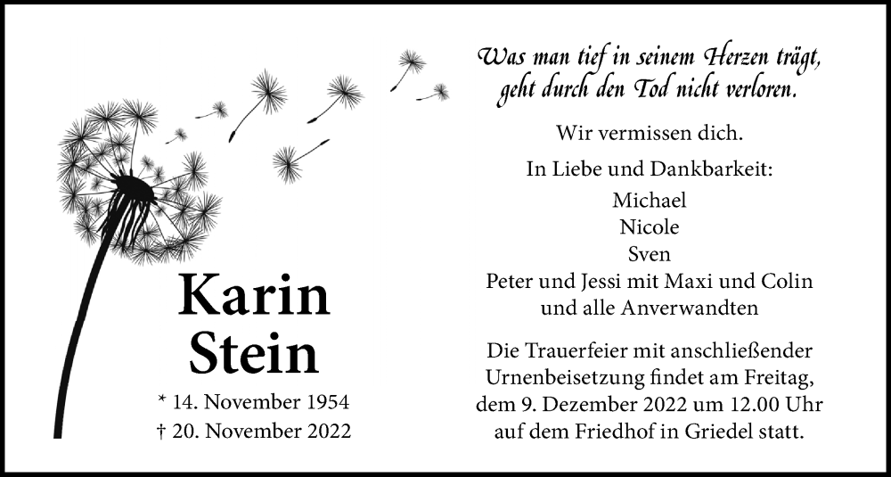  Traueranzeige für Karin Stein vom 03.12.2022 aus Wetterauer Zeitung