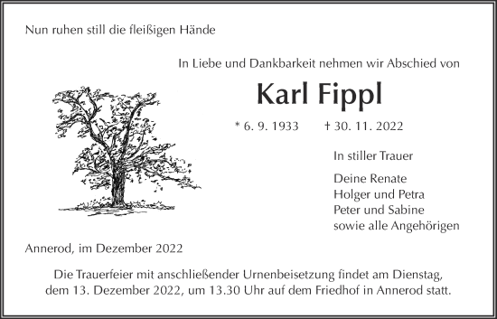 Traueranzeige von Karl Fippl von Giessener Anzeiger, Giessener Allgemeine, Alsfelder Allgemeine