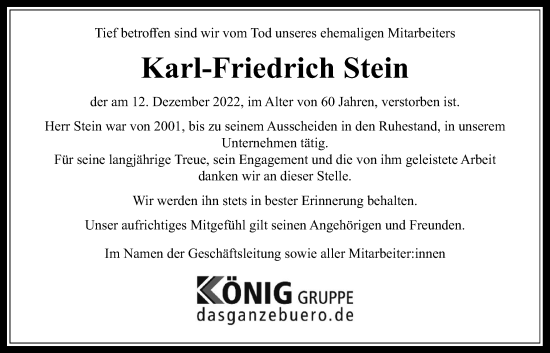 Traueranzeige von Karl-Friedrich Stein von Giessener Allgemeine, Alsfelder Allgemeine, Giessener Anzeiger