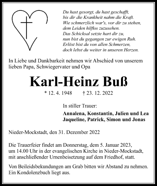 Traueranzeige von Karl-Heinz Buß von Kreis-Anzeiger