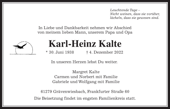 Traueranzeige von Karl-Heinz Kalte von Usinger Anzeiger