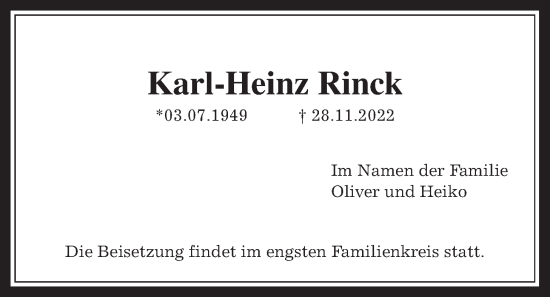 Traueranzeige von Karl-Heinz Rinck von Giessener Anzeiger, Giessener Allgemeine, Alsfelder Allgemeine