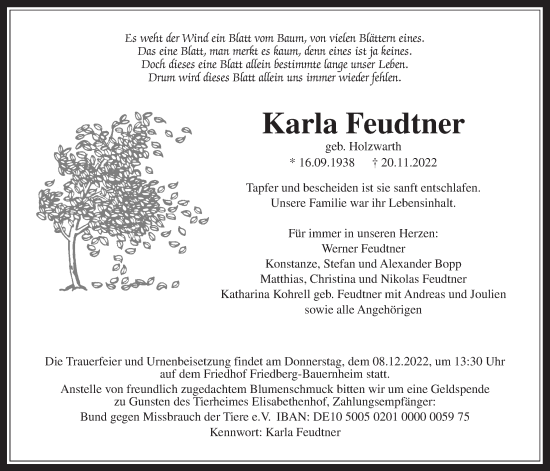 Traueranzeige von Karla Feudtner von Wetterauer Zeitung