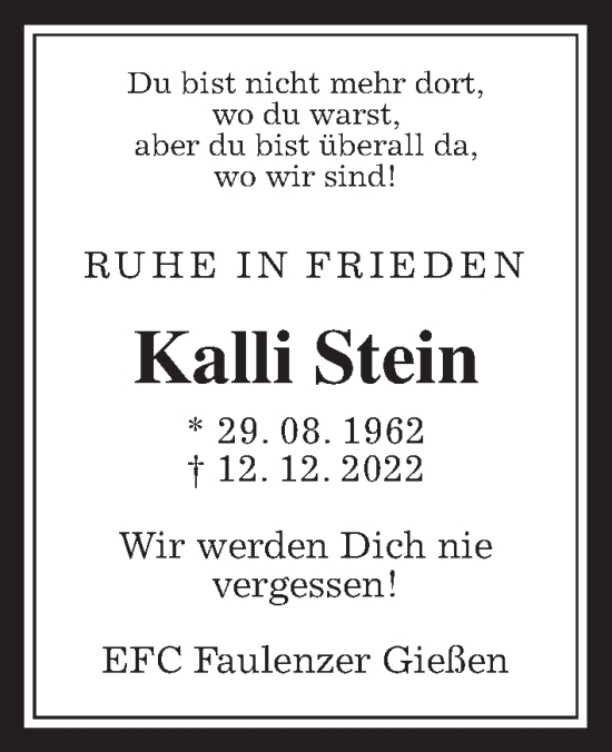 Traueranzeige von Karl Friedrich Stein von Giessener Allgemeine, Alsfelder Allgemeine