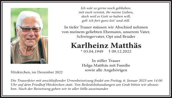 Traueranzeige von Karlheinz Matthäs von Kreis-Anzeiger