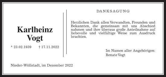 Traueranzeige von Karlheinz Vogt von Wetterauer Zeitung
