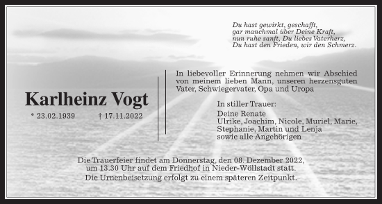Traueranzeige von Karlheinz Vogt von Wetterauer Zeitung