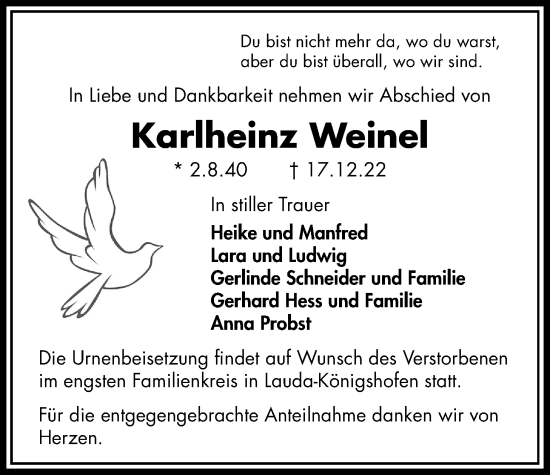 Traueranzeige von Karlheinz Weinel von Kreis-Anzeiger