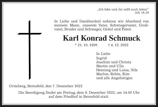 Traueranzeige von Karl Konrad Schmuck von Giessener Allgemeine, Alsfelder Allgemeine