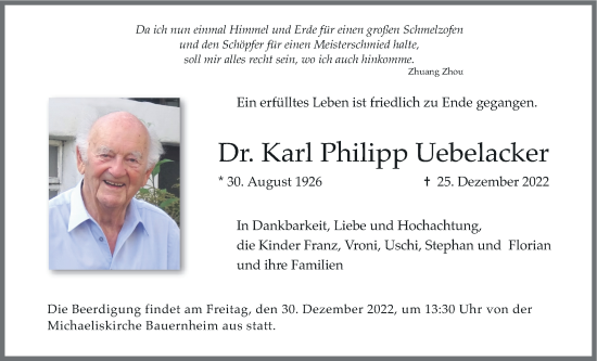 Traueranzeige von Karl Philipp Uebelacker von Wetterauer Zeitung