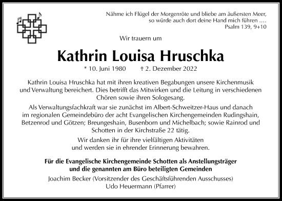 Traueranzeige von Kathrin Louisa Hruschka von Kreis-Anzeiger