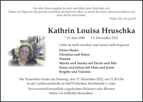 Traueranzeige von Kathrin Louisa Hruschka von Kreis-Anzeiger