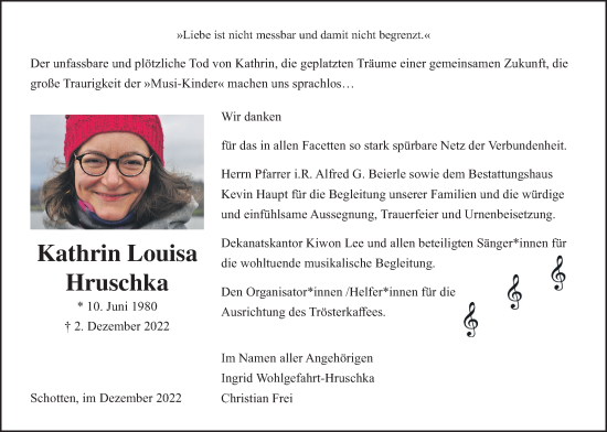 Traueranzeige von Kathrin Louisa Hruschka von Kreis-Anzeiger