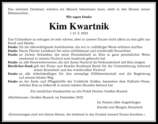 Traueranzeige von Kim Kwartnik von Giessener Anzeiger, Giessener Allgemeine, Alsfelder Allgemeine