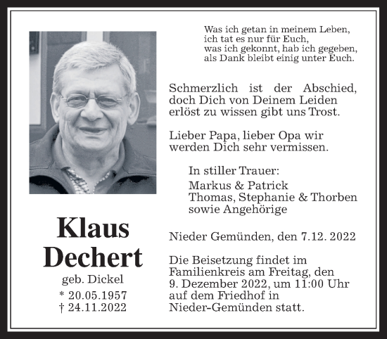 Traueranzeige von Klaus Dechert von Alsfelder Allgemeine