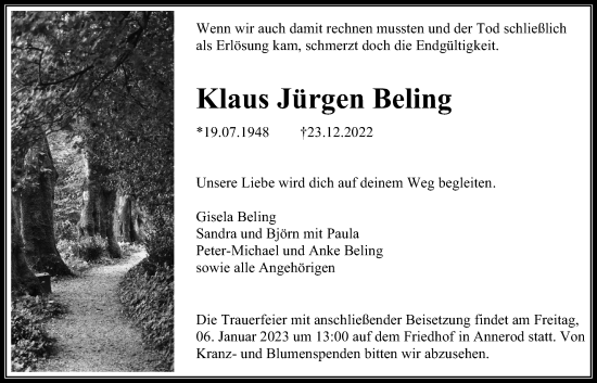 Traueranzeige von Klaus Jürgen Beling von Giessener Allgemeine, Alsfelder Allgemeine, Giessener Anzeiger