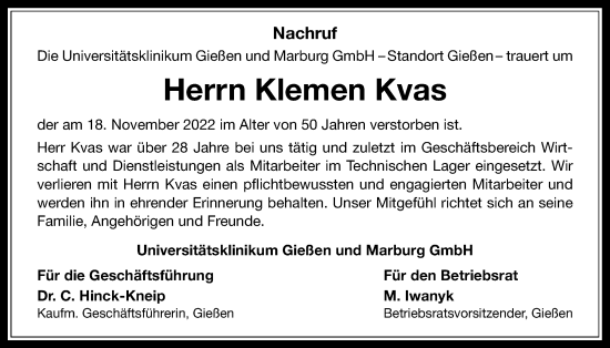 Traueranzeige von Klemen Kvas von Giessener Allgemeine, Alsfelder Allgemeine
