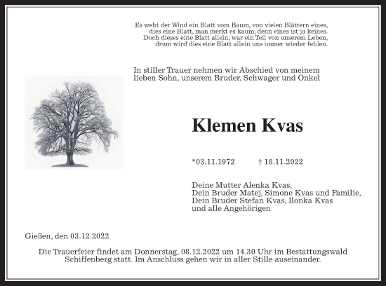 Traueranzeige von Klemen Kvas von Wetterauer Zeitung, Giessener Allgemeine, Alsfelder Allgemeine, Giessener Anzeiger