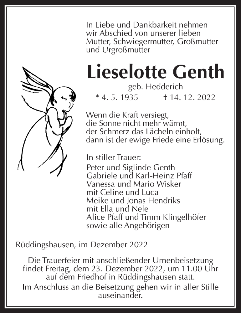  Traueranzeige für Lieselotte Genth vom 21.12.2022 aus Giessener Allgemeine, Alsfelder Allgemeine