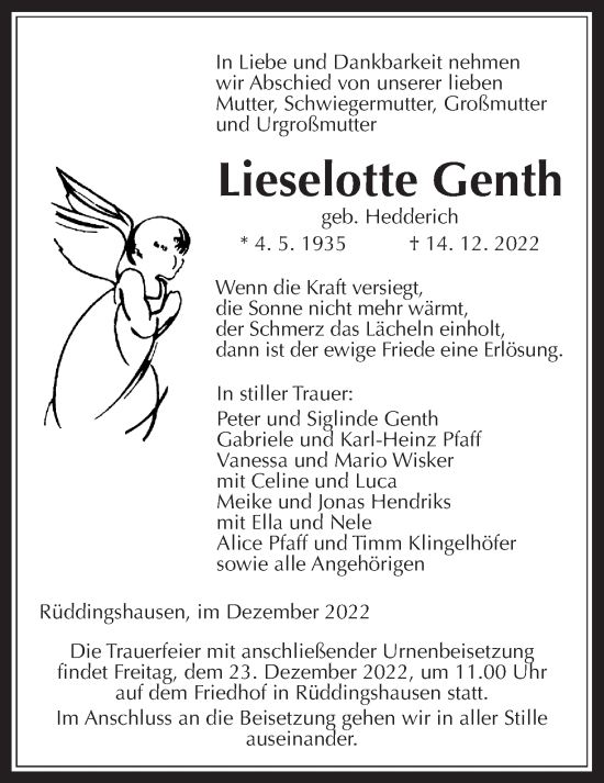 Traueranzeige von Lieselotte Genth von Giessener Allgemeine, Alsfelder Allgemeine