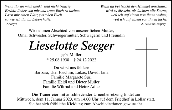 Traueranzeige von Lieselotte Seeger von Giessener Allgemeine, Alsfelder Allgemeine, Giessener Anzeiger