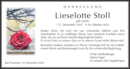 Traueranzeige von Lieselotte Stoll von Wetterauer Zeitung